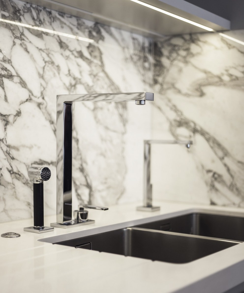 3000 sqft Townhouse - Highgate | Dornbracht kitchen brassware detail with Arabascato marble back splash | Interior Designers